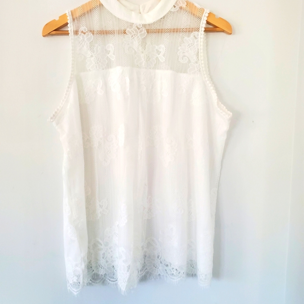 EVE & MADDIE XL White Lace Overlay Halter High Neck Sheer Top Crochet Romantic - Picture 12 of 13